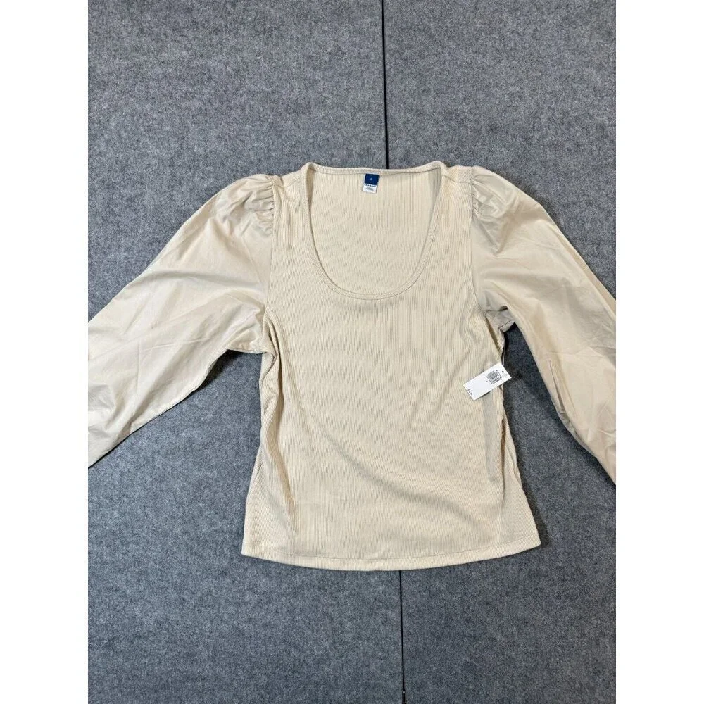 Old Navy Blouse Top Women's L Beige Cropped Knit Puff Sleeve Scoop Neck Pullover